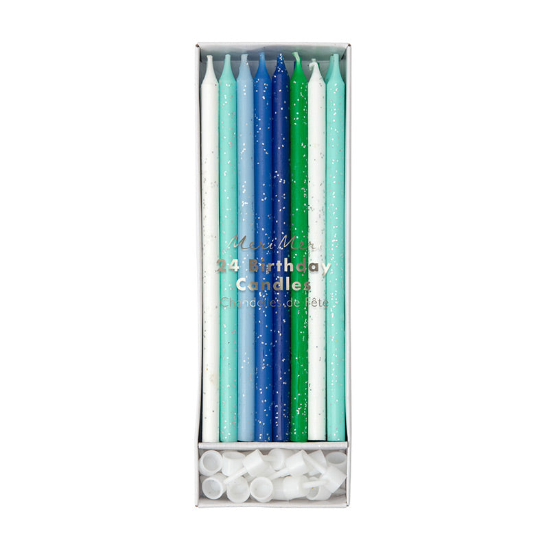 Meri Meri – 16 Kuchen-Kerzen in Blau- &amp; Grün-Tönen mit Silber-Glitzer inkl. Kunststoffhaltern für auf den Kuchen