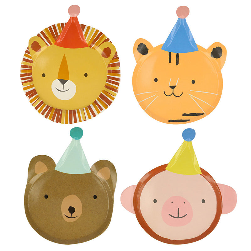 Meri Meri – Coole Partyteller in Form von Tier-Gesichtern. Im Set enhalten sind zwei Löwen, zwei Tiger, zwei Affen und zwei Bären