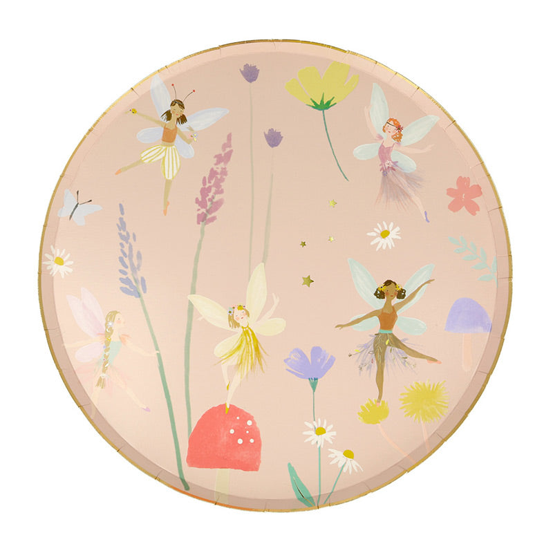 Meri Meri – Süsser teller mit Feen, Blumen und Pilzen bedruckt, mit einem feinen Gold-Rand.