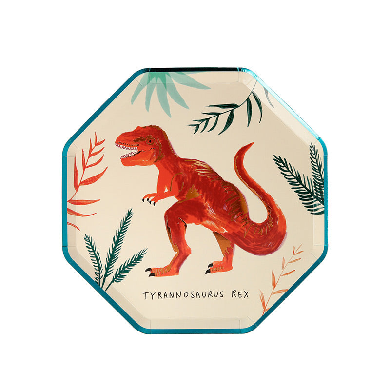 Meri Meri – 8 Partyteller mit verschiedenen Dinosauriern hübsch illustriert und mit Kupfer- &amp; Grüner Folie verziert.