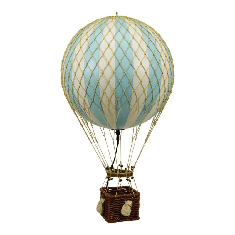 LED-Heissluftballon mit blauen und weissen Streifen mit handgemachten Korb.
