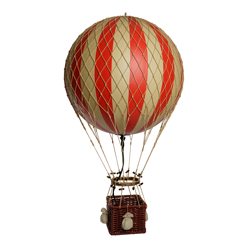 Deko LED-Heissluftballon mit roten Streifen und hangemachtem Rattankorb von Authentic Models.