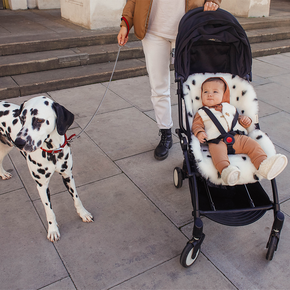 BINIBAMBA  Schaffell-Sitzauflage für alle Gurtsysteme Dalmatian