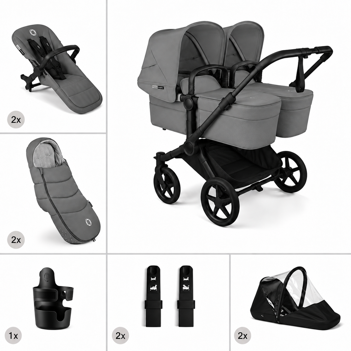 Bugaboo  Donkey 6 Zwillingskinderwagen Twin Essentials Bundle Moon Grey