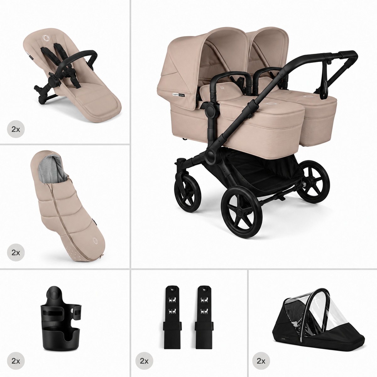Bugaboo  Donkey 6 Zwillingskinderwagen Twin Essentials Bundle Desert Taupe