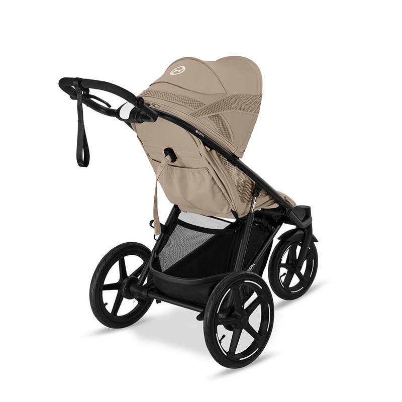 Cybex Avi Spin Dreirad Kinderwagen in Almond Beige von hinten von der Seite.