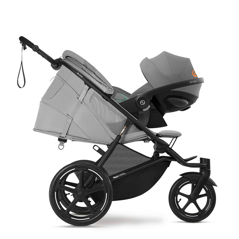 Cybex Avi Spin Dreirad Kinderwagen in Grau mit Babyschale.