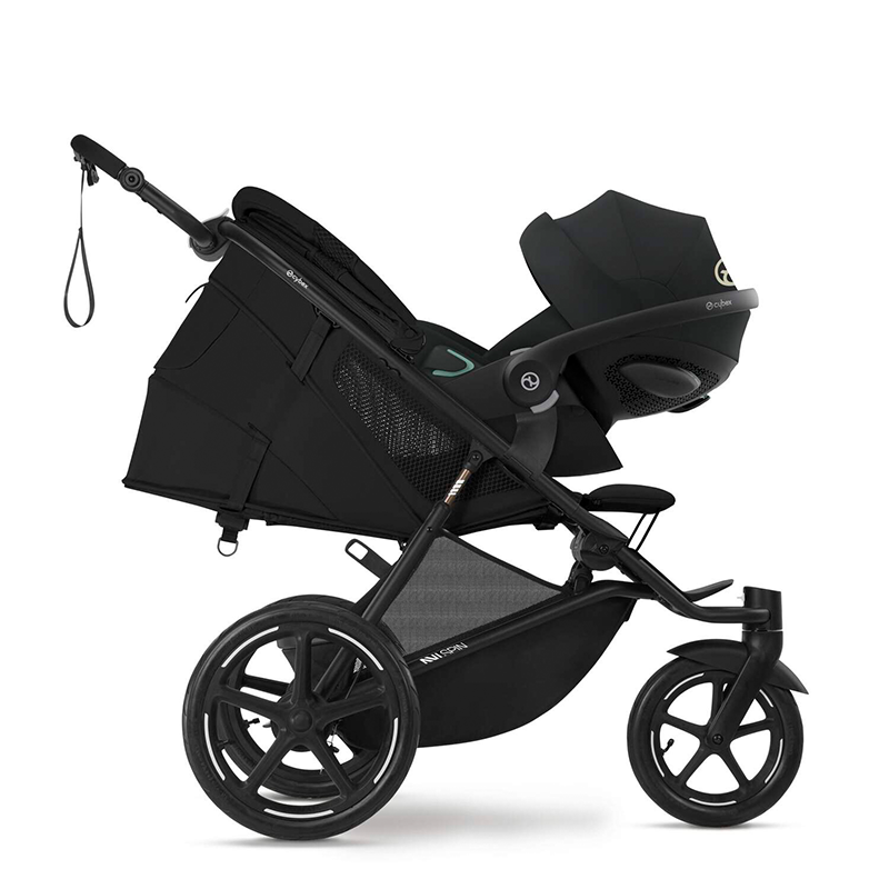 Cybex Avi Spin Dreirad-Kinderwagen in Schwarz mit Babyschale. 
