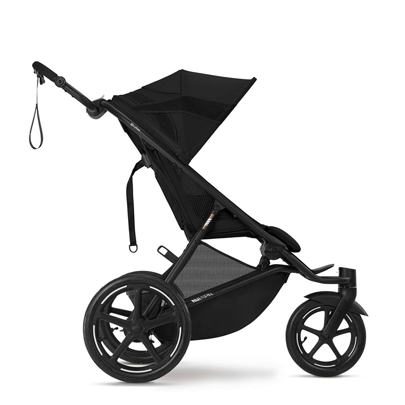 Cybex Avi Spin Dreirad-Kinderwagen in Schwarz von der Seite. 