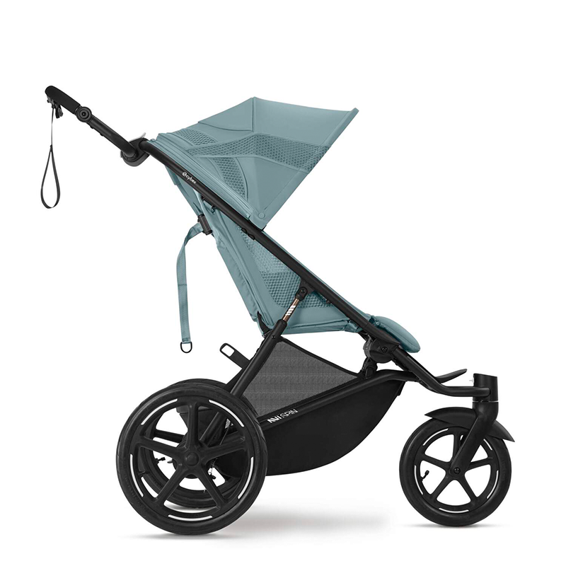Cybex Avi Spin Dreirad-Kinderwagen in Blau von der Seite. 
