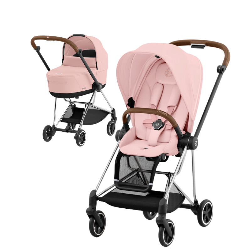 Cybex Mios Comfort Kombi-Kinderwagen in der Farbe Peach Pink mit Rahmen in Braun und Chrom. 