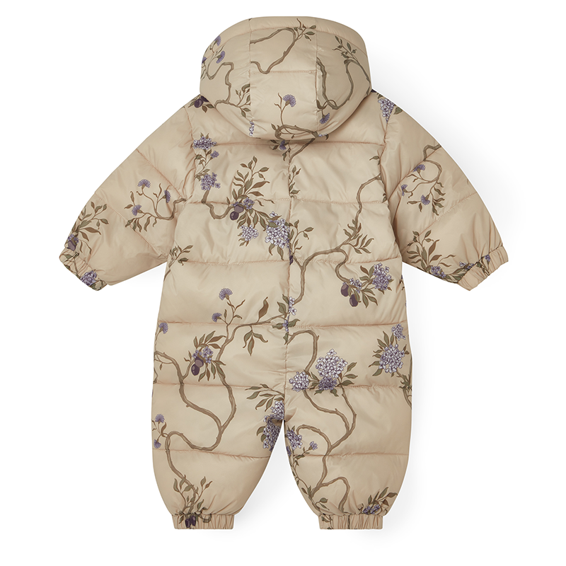 Garbo Friends Puffer-Overal in Beige mit Blumenmuster von hinten mit Kapuze. 