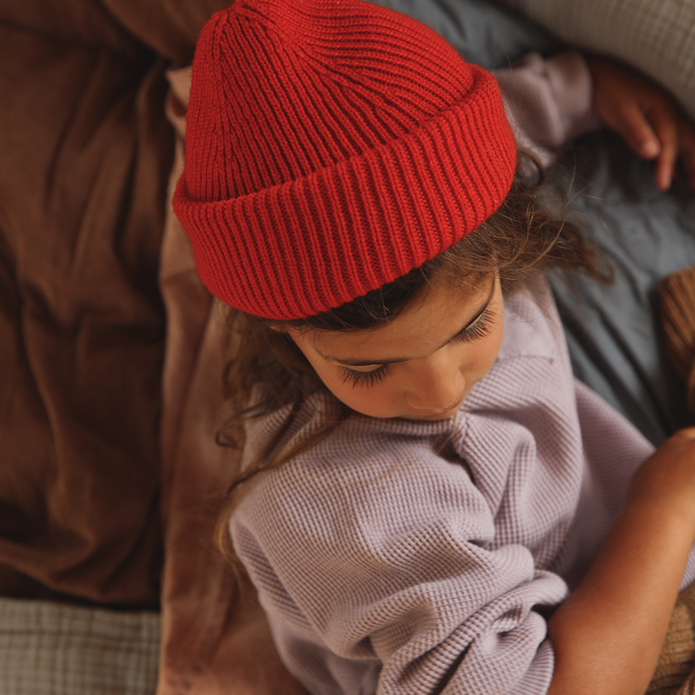 Hvid  Kids Beanie Fonzie  Red