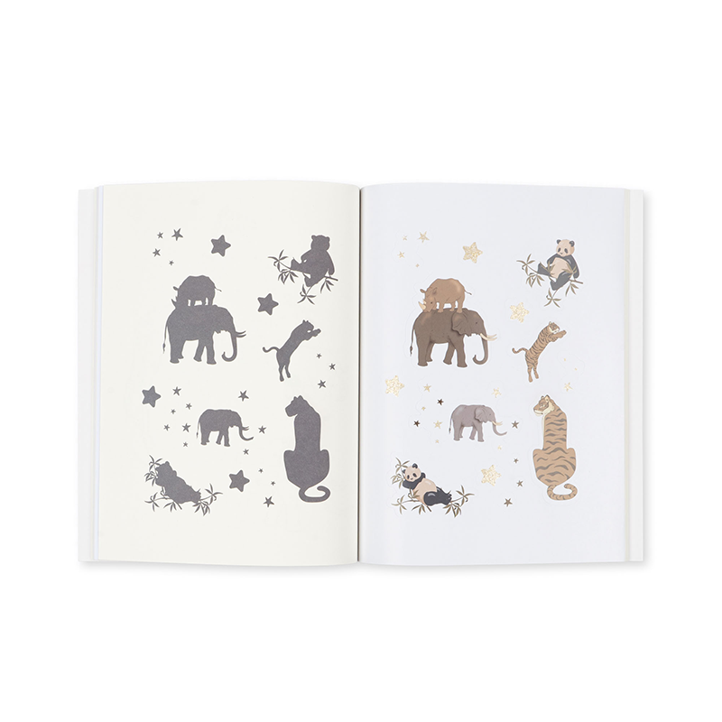 Aufgeschlagene Seite mit Tierbildern aus dem Konges Slojd Mal- und Rätselbuch.