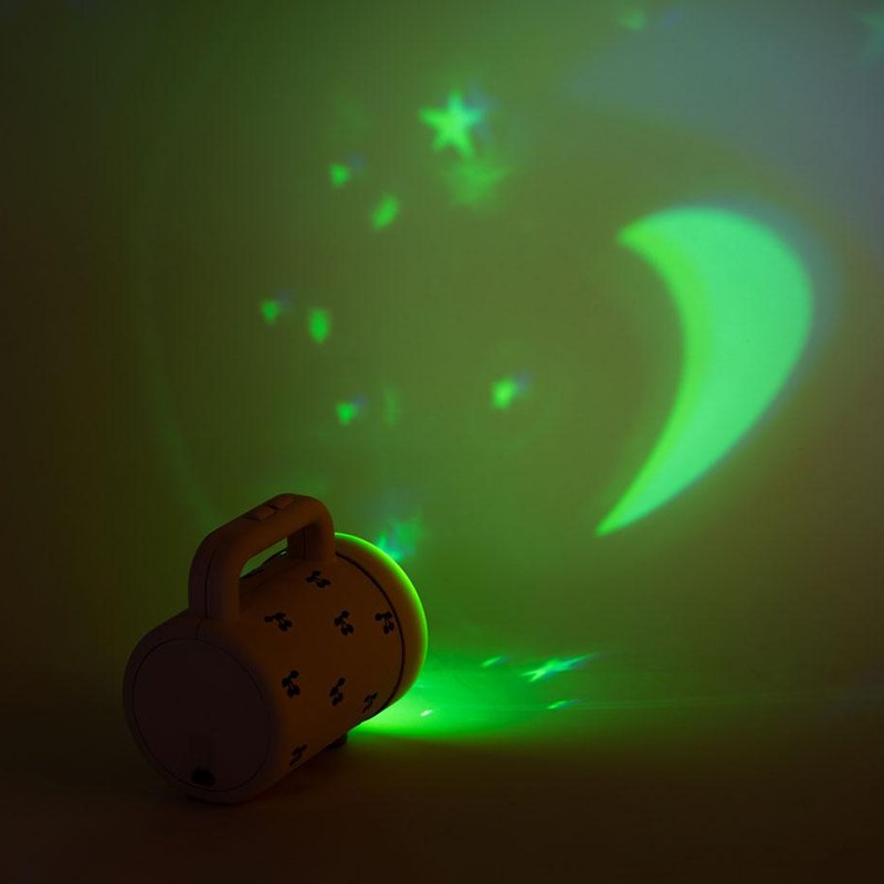 Projektor-Taschenlampe projiziert Sternen- und Mondmotive in Grün an die Wand. 