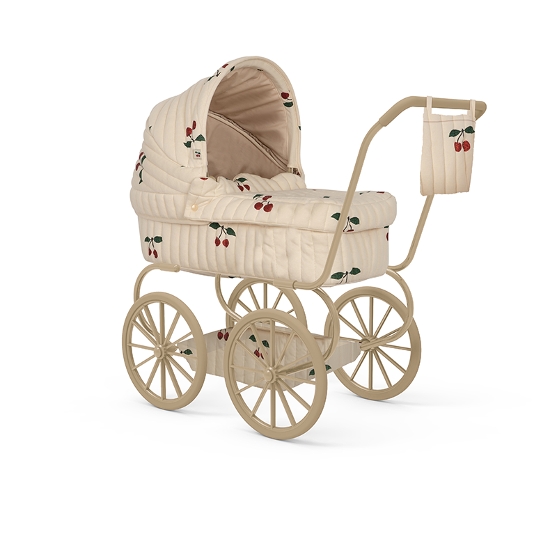 Puppenkinderwagen in Beige im Vintage-Stil mit glitzerndem Kirschprint.