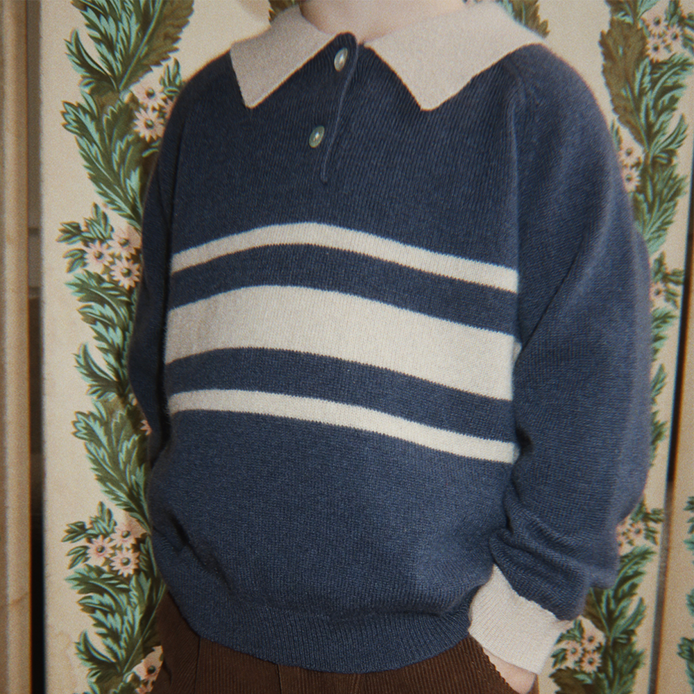 Konges Sløjd Pull Polo en Laine 'Basi' Rayures Bleu Foncé