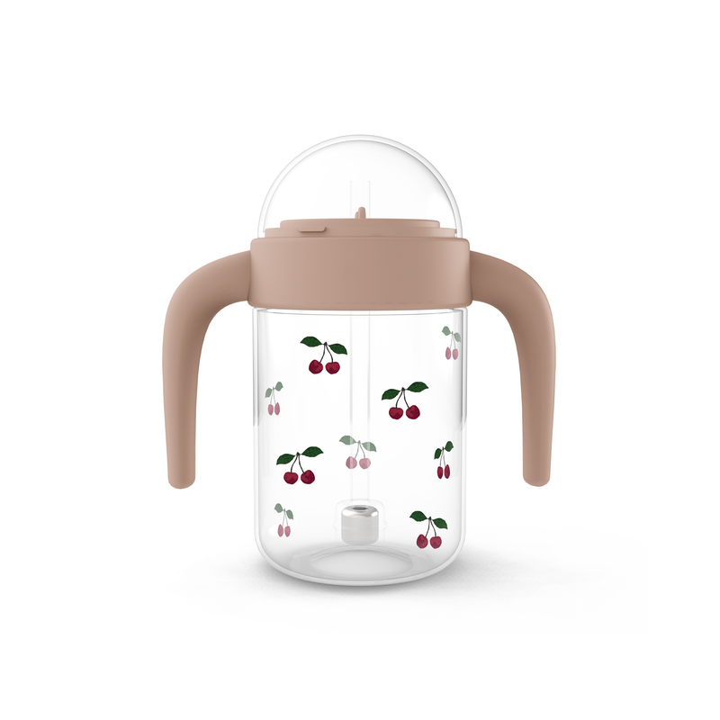 Baby-Trinkflasche mit Strohhalm und Griffen im Kirschen-Design