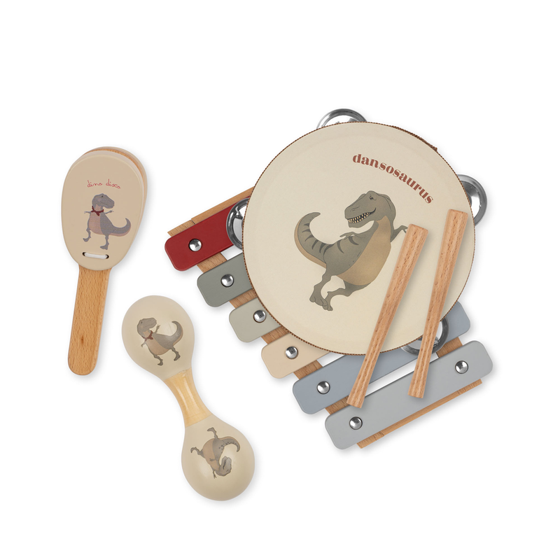 Kinder Musikinstrumente-Set: ein Xylophon mit Stöcken, eine Rassel, eine Kasagnette, ein Tamburin