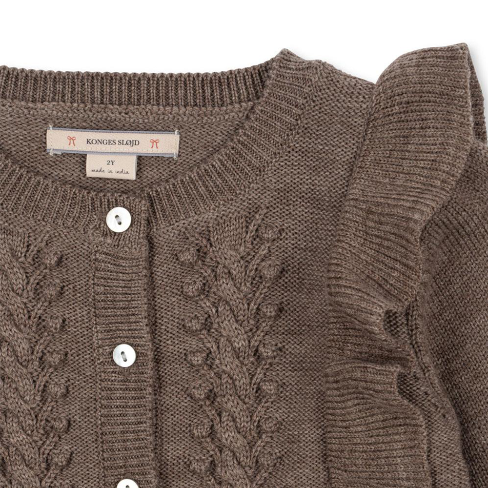 Konges Sløjd Woll-Cardigan mit Rüschen 'Fiol' Bunny Brown Melange