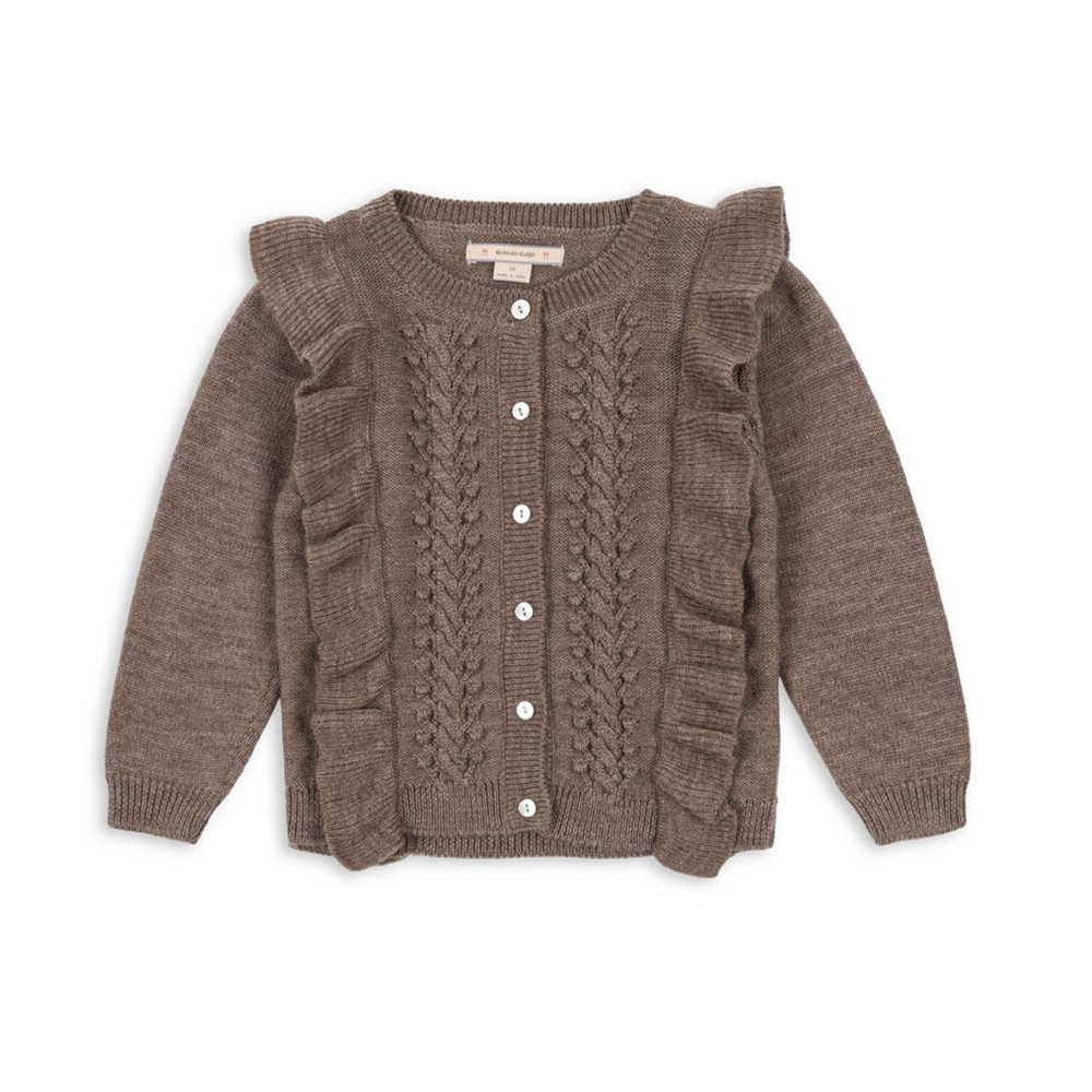 Konges Sløjd Woll-Cardigan mit Rüschen 'Fiol' Bunny Brown Melange