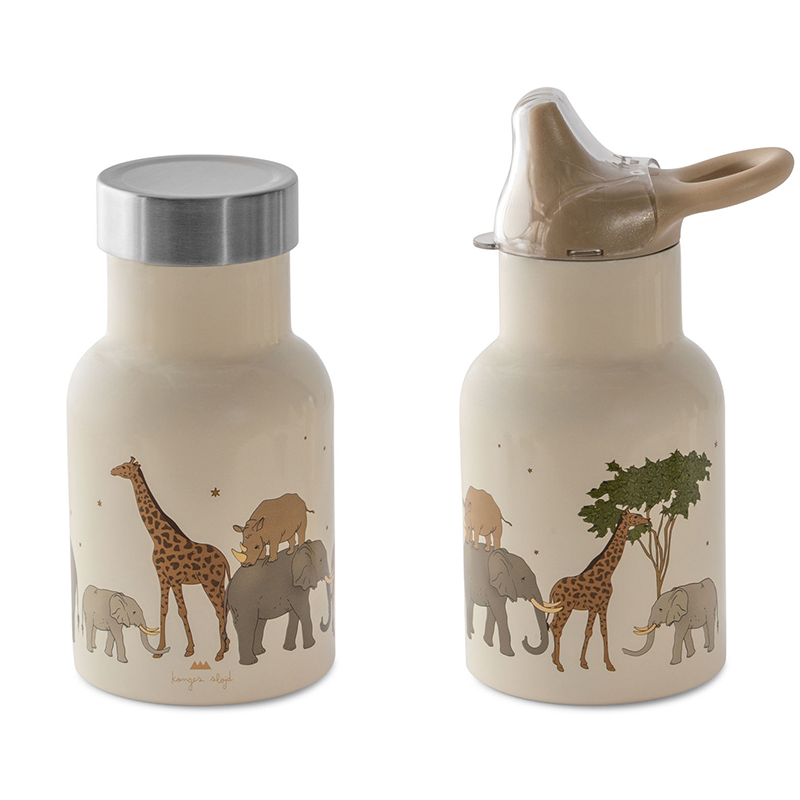 Konges Slojd Thermostrinkflasche für Kinder mit zwei verschiedenen Deckeln undSafari-Muster.