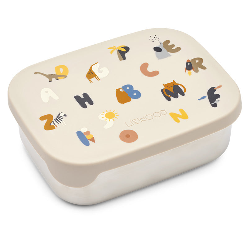 Edelstahl Lunchbox &quot;Arthur&quot; von Liewood – Beiger Silikondeckel bedruckt mit süssen Buchstaben-Tierchen