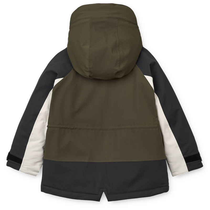 Rückenansicht der Schneejacke &quot;Kalle&quot; in Schwarz und Dunkelgrün von Liewood