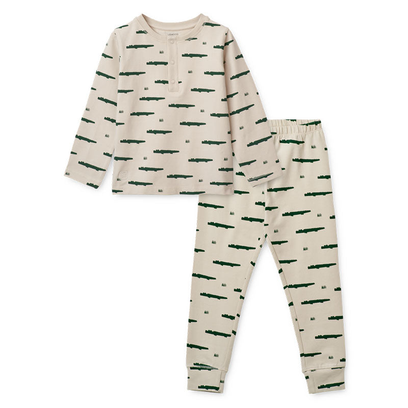 Liewood – Tolles Pijama Set &quot;Wilhelm&quot; mit beiger Schlafanzug-Hose und Langarm-T-Shirt – Cooler Krokodil Print &quot;Carlos Sandy&quot;
