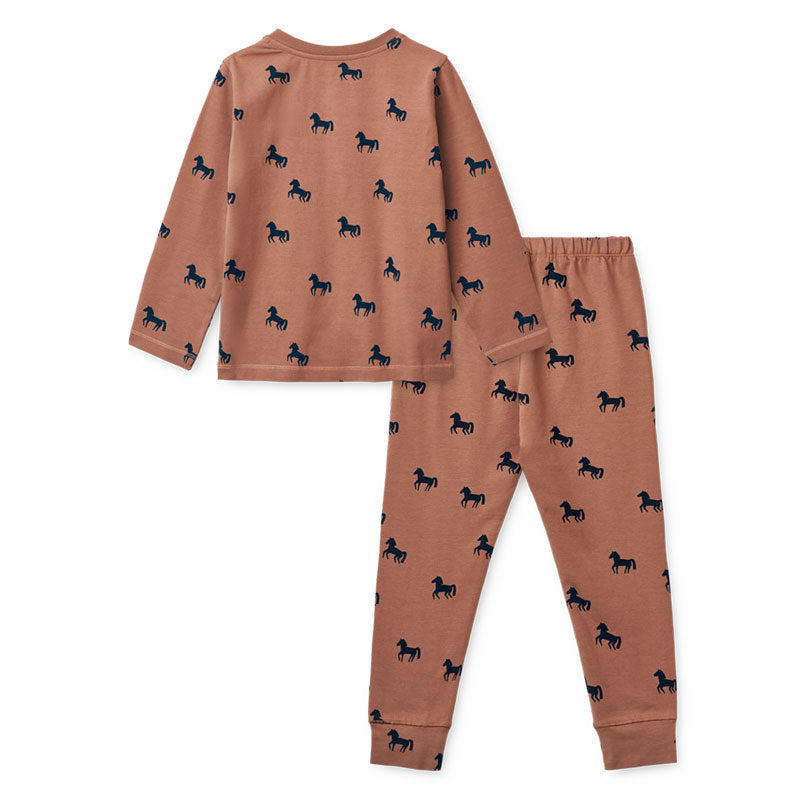 Liewood – Tolles Pijama Set &quot;Wilhelm&quot; mit Schlafanzug-Hose und Langarm-T-Shirt – Schöner Pferde-Print &quot;Horses Dark Rosetta&quot;