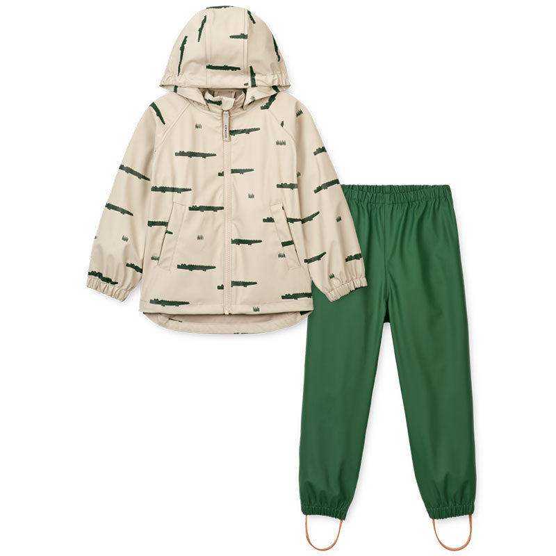 Liewood Regenset mit Regenjacke und Regenhose – Jacke in Beige mit Krokodil Print, Hose in schönem Grün
