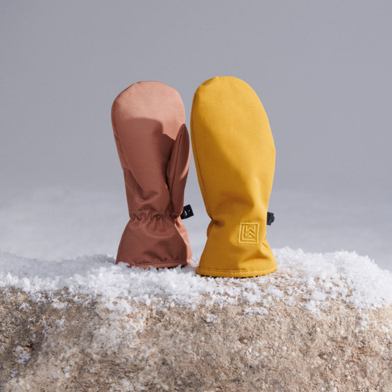 Hakon Fäustlinge in zwei unterschiedlichen Farben auf einem Stein im Schnee