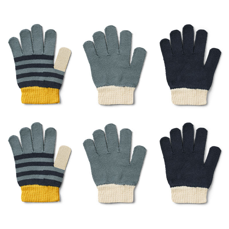 Fingerhandschuhe &quot;Gamma&quot; im 3er-Set von Liewood – 3 Handschuhpaare in verschiedenen schönen Blautönen, mit gelben und beigen Details