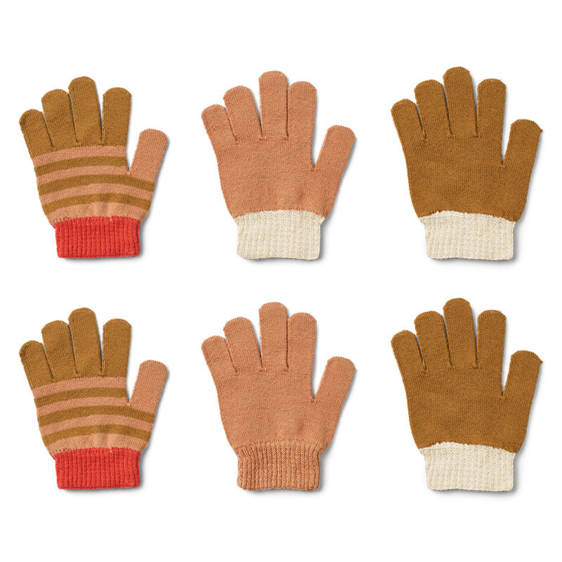 Fingerhandschuhe &quot;Gamma&quot; im 3er-Set von Liewood – 3 Handschuhpaare in verschiedenen Rosa und Caramel-Farbtönen mit roten und beigen Details