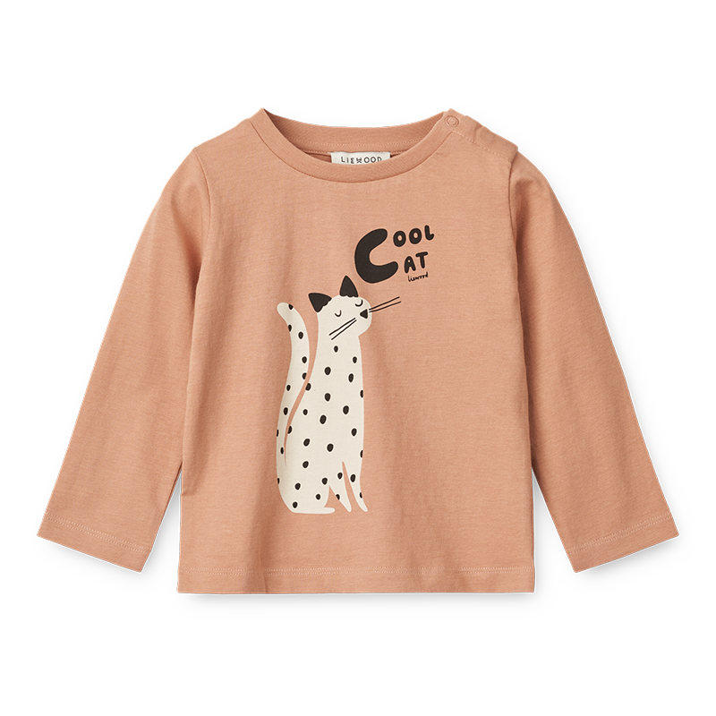 T-Shirt für Babys in Rosa mit Katzenprint auf dem Bauch von Liewood.