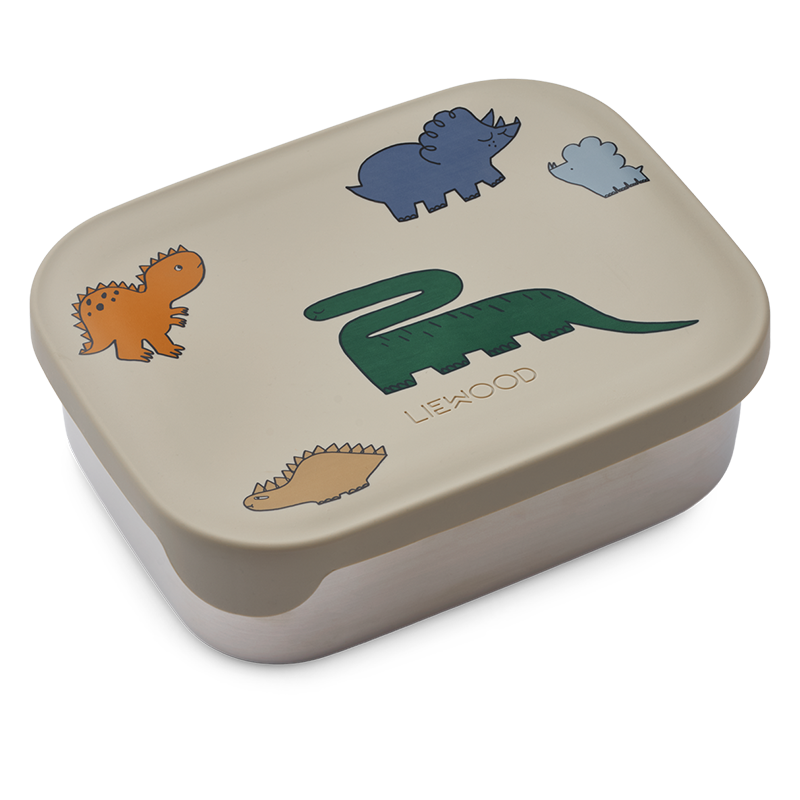 Lunchbox für Kinder aus Edelstahl mit Silikondeckel in Grau mit buntem Dinosauriermuster von Liewood.