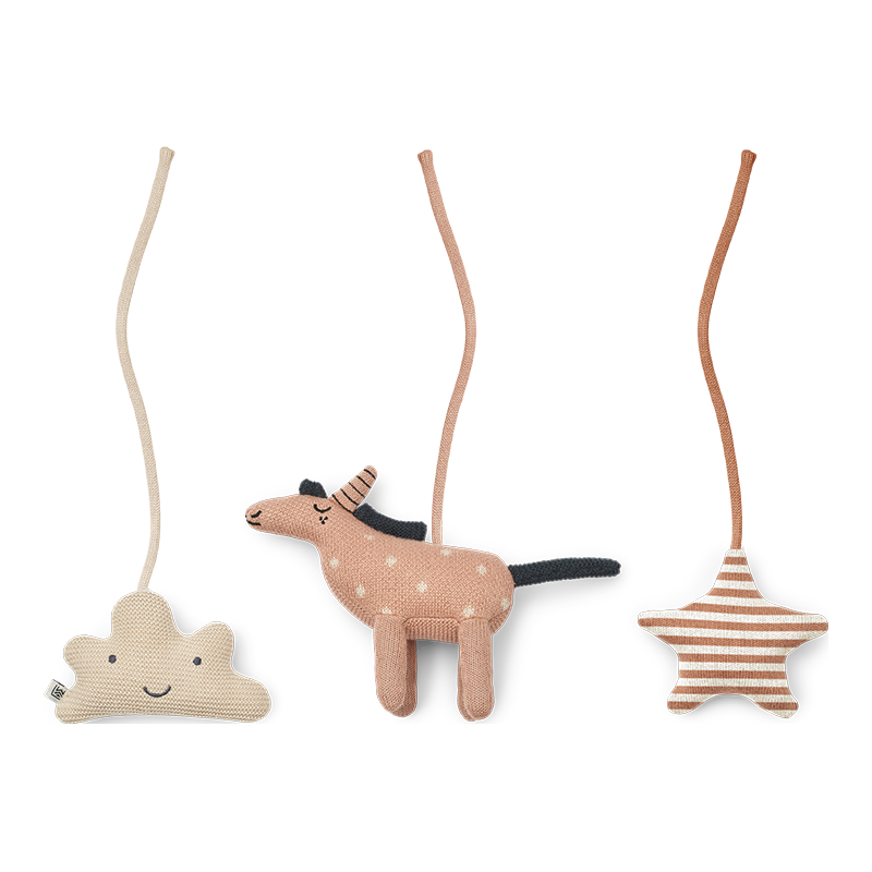3 Anhänger fürs Babygym oder einen Spielbogen. Ein Anhänger ist eine Wolke, ein Anhänger ist ein Einhorn und ein Anhänger ist ein Stern.