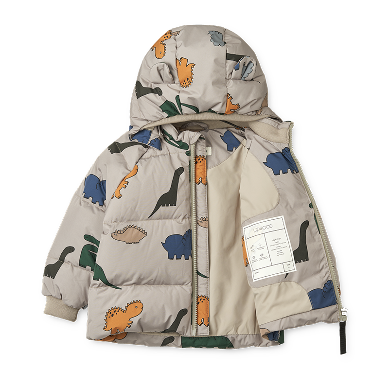 Kinder Daunenjacke in Beige mit Dinosauriermuster von Liewood.