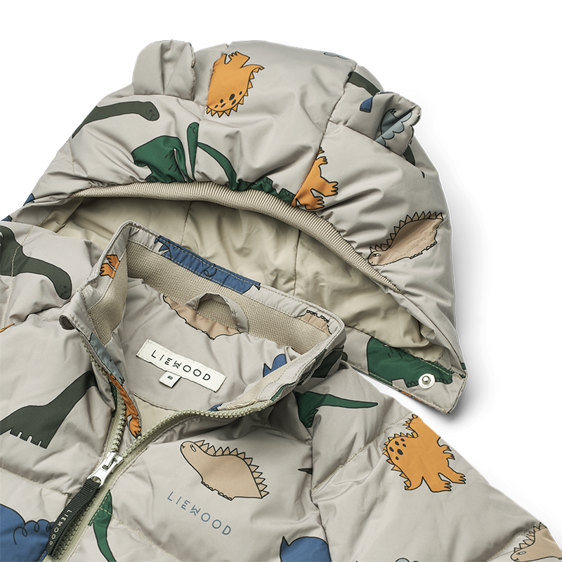 Kinder Daunenjacke in Beige mit Dinosauriermuster von Liewood Nahaufnahme von Kapuze