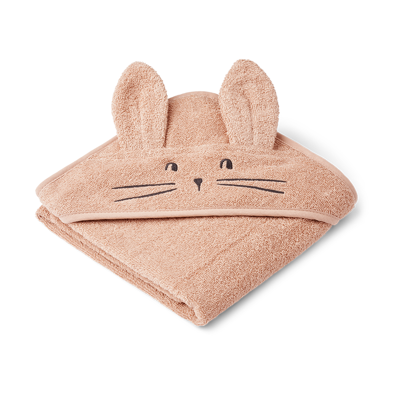 Kapuzenbadetuch in Rosa für Kinder mit Hasengesicht und Hasennohren von Liewood.