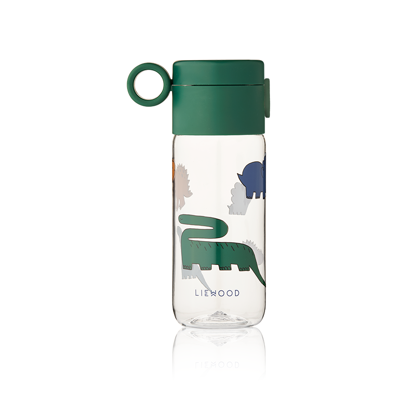 Trinfklasche für Kinder mit grünem Deckel und durchsichtiger Flasche mit Dinomuster von Liewood.