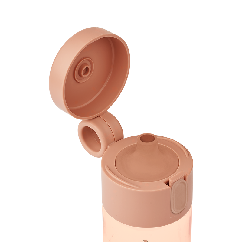 Aufnahme vom Oberteil der Liewood Trinkflasche in Rosa mit Pfirsichmuster für Kinder.