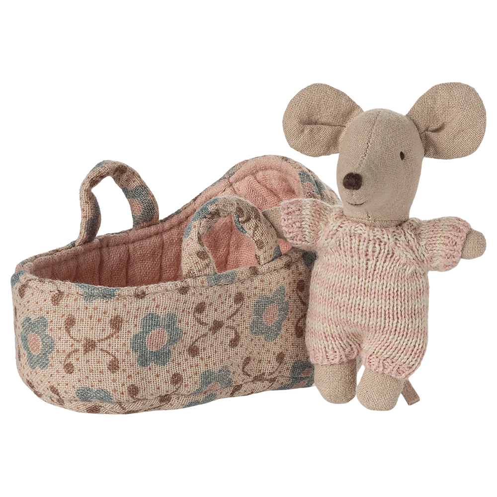 Maileg  Babymaus in Tragekorb Rose