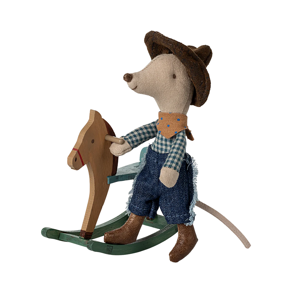 Maileg « Souris cowboy sur cheval à bascule » Petit frère