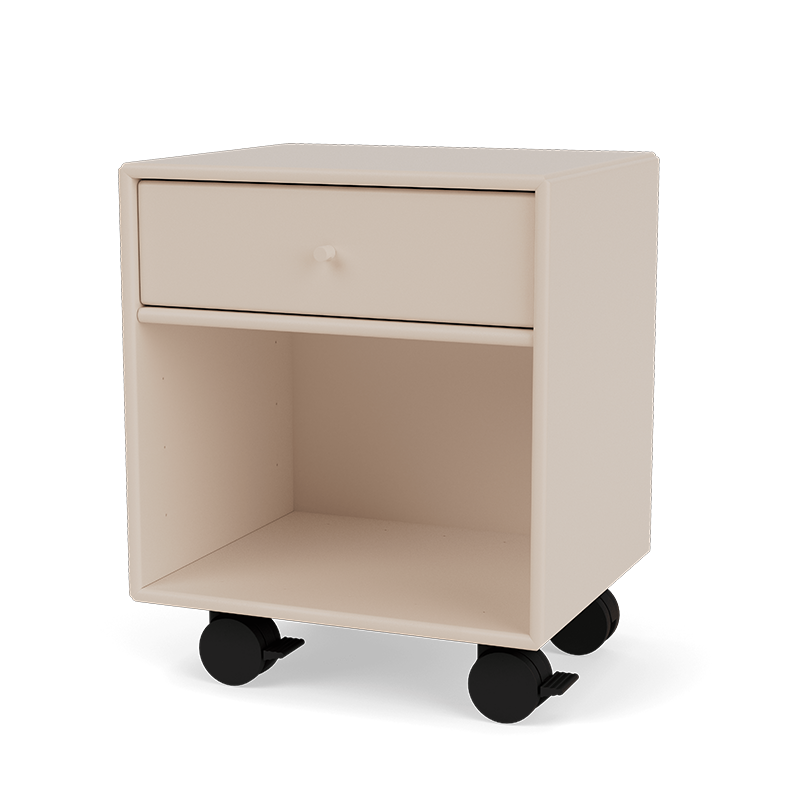 Nachttisch in Beige mit Rollen, einer Schublade und einem offenen Ablagefach von Montana
