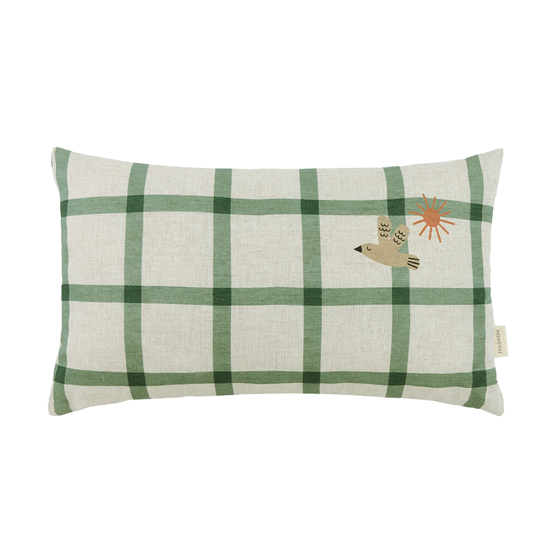 Nobodinoz Kissen aus Leinen &#39;Vibes&#39; Green Windowpane Bird