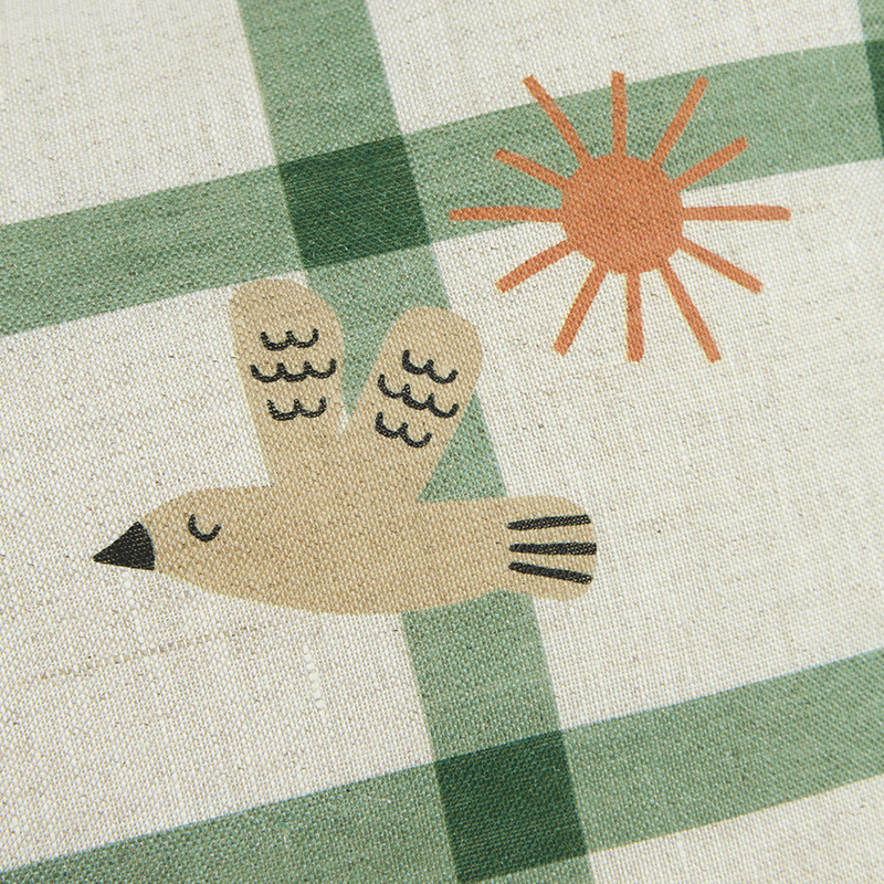 Nobodinoz Kissen aus Leinen &#39;Vibes&#39; Green Windowpane Bird