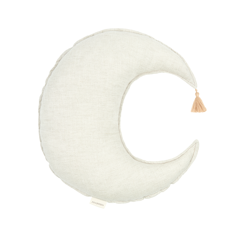 Nobodinoz Mondkissen in Beige mit Bommel und abgestepptem Rand.