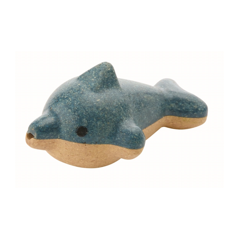 Plantoys Holzpfeife für Kinder in Form eines Delfins in den Farben Blau und Braun.