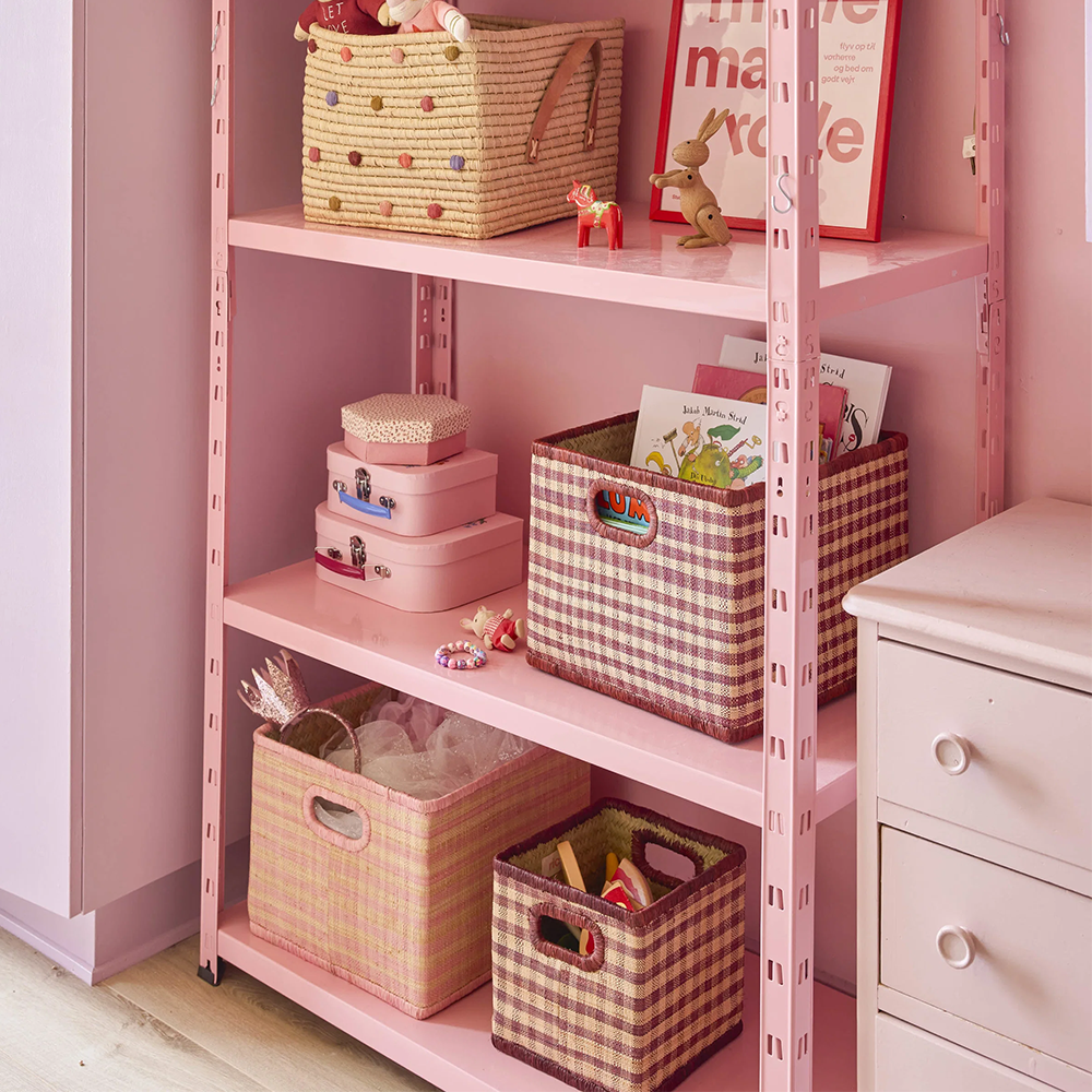 Rice rechteckiger Aufbewahrungskorb Gross 'Raffia' Pink Check